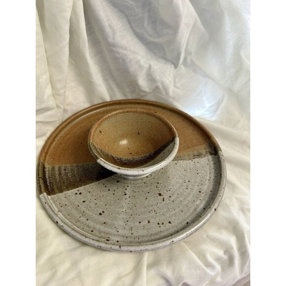 Vintage Glazed Stoneware Pottery Chip Veggie Dip tray dish bowl brown art craft - Picture 6 of 10